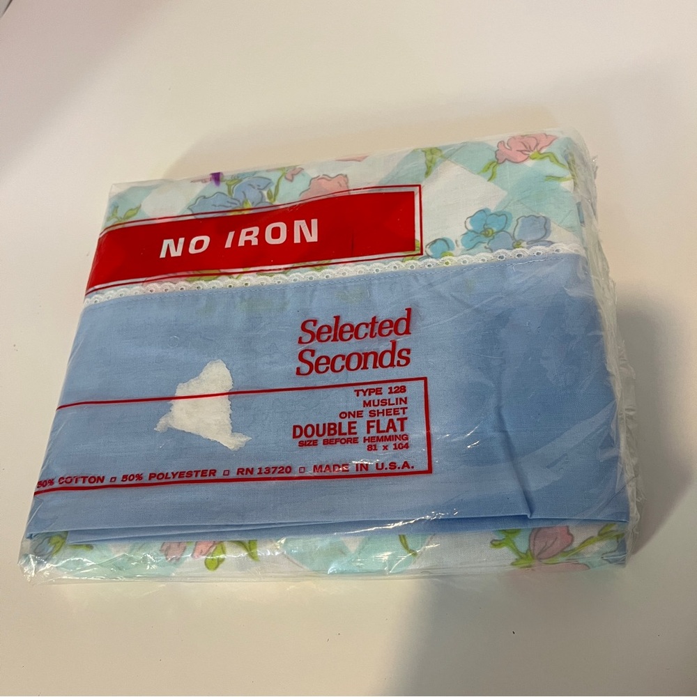 Vintage Selected Seconds Blue Checkered Floral Double Flat Sheet No Iron New